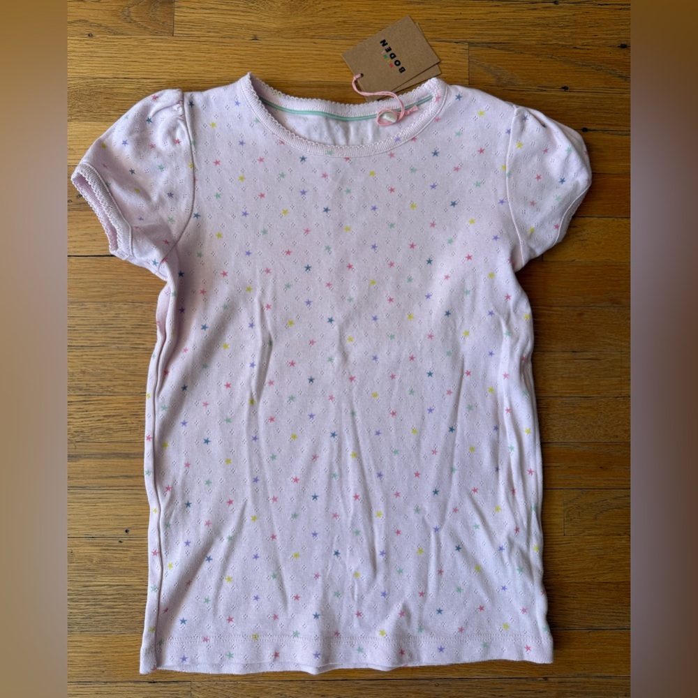 NWT Mini Boden Short Sleeve Pointelle in Pink Star Print